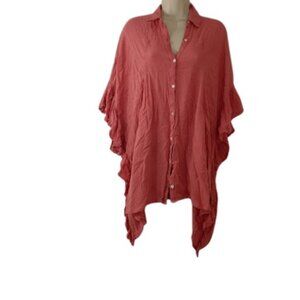 Free People Womens Button Up Tunic Pink Ruffle Sleeves Pockets Oversized XS